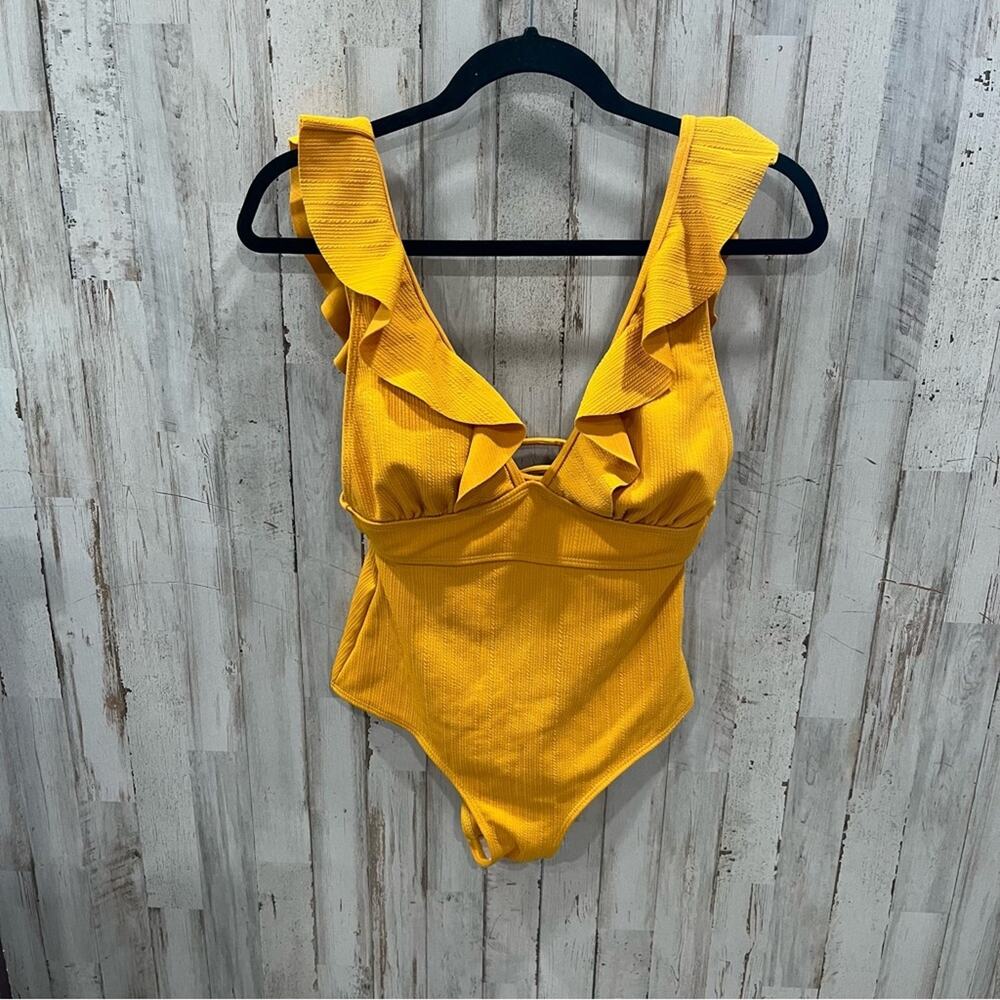 Yellow Ruffle Ribbed One Piece Deep V Swim Bathing Suit